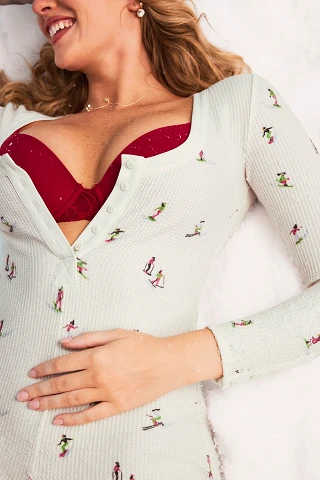 White Novelty Print Waffle Long Sleeve Romper Model 1