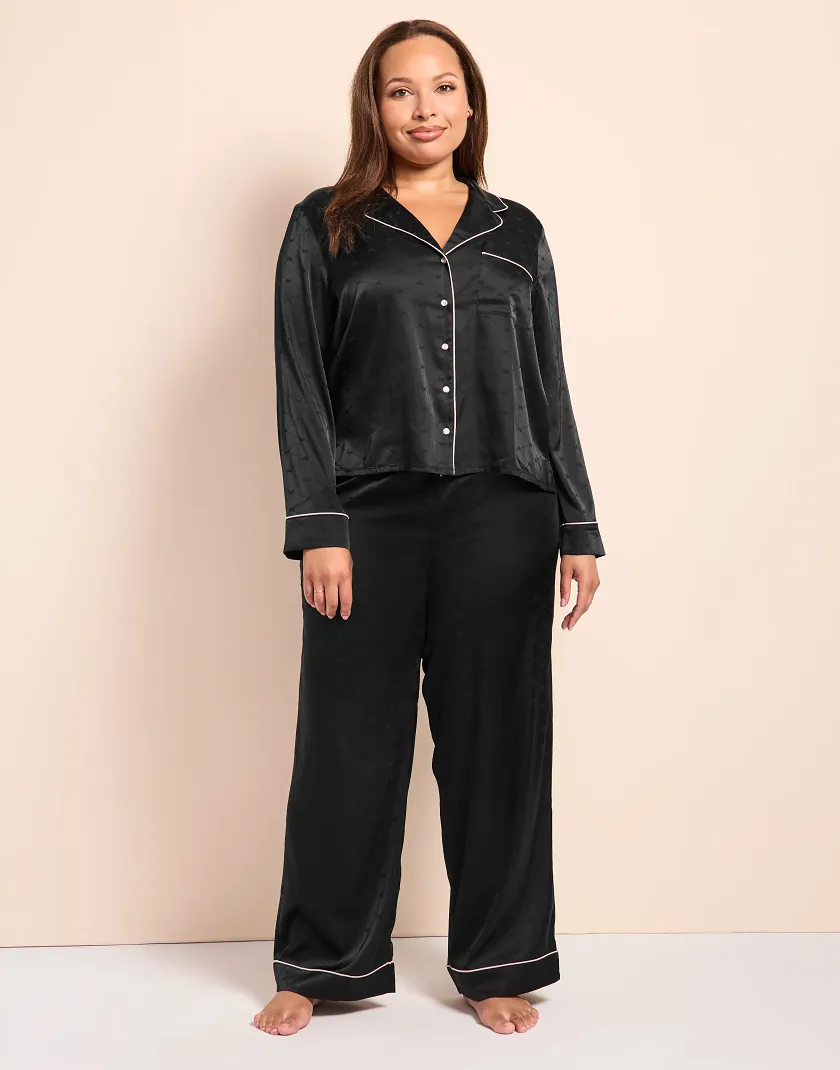 Jet Black Jacquard Ribbon Maison Satin Shirt & Pants PJ Set Model 2