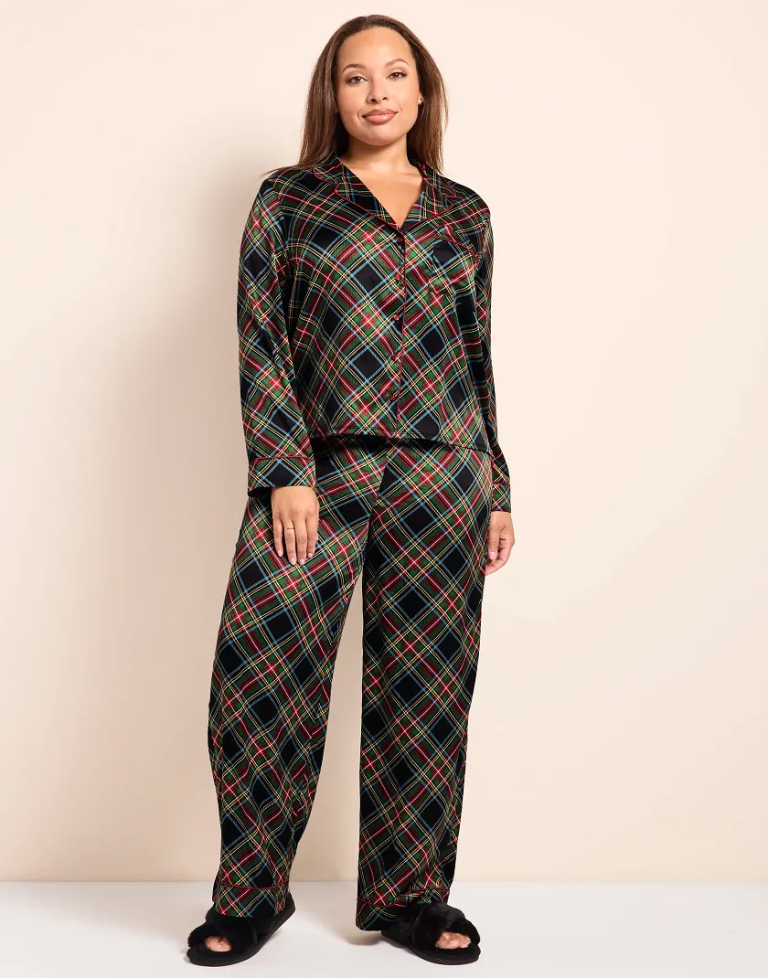 Black Plaid Print Maison Satin Shirt & Pants PJ Set Model 2