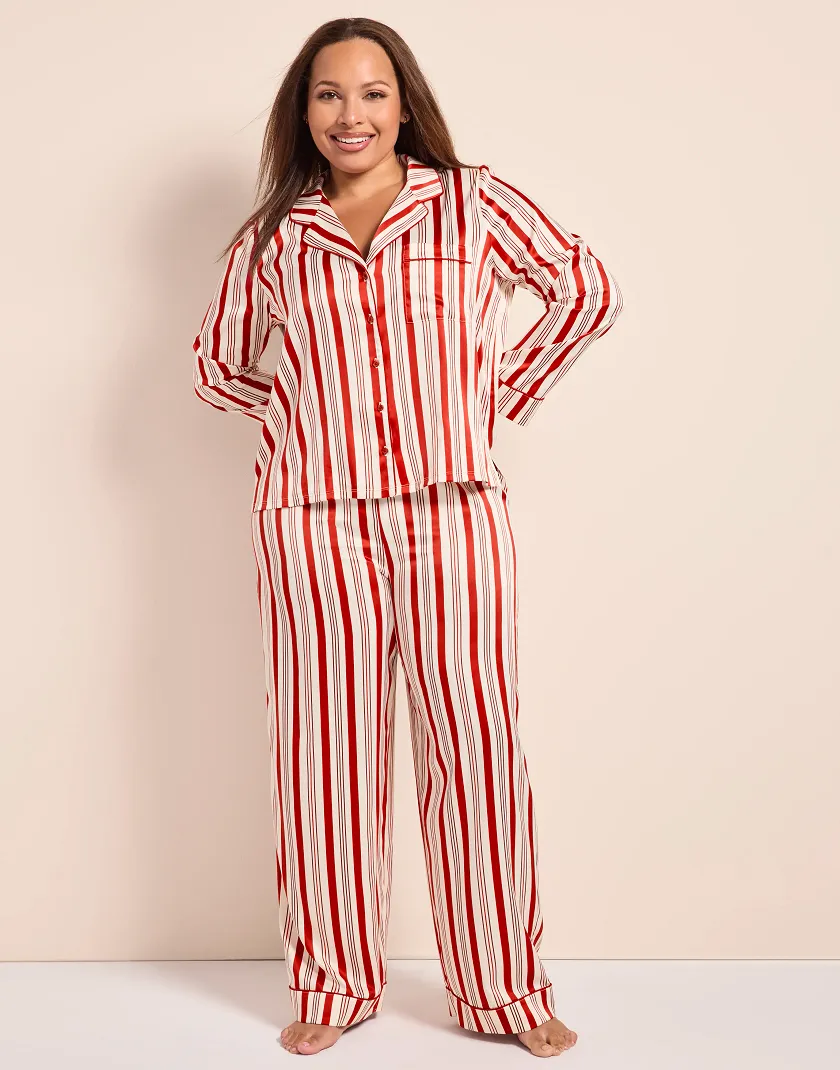 Red Stripe Print Maison Satin Shirt & Pants PJ Set Model 2