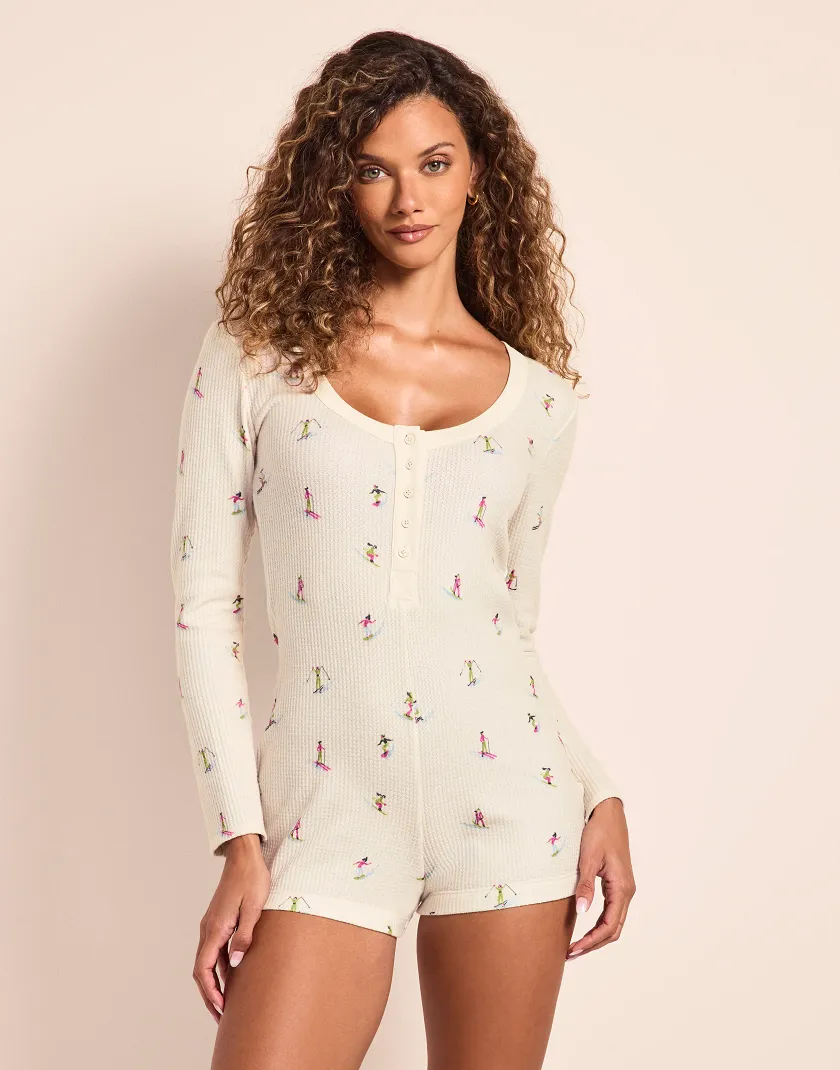 White Novelty Print Waffle Long Sleeve Romper Model 1