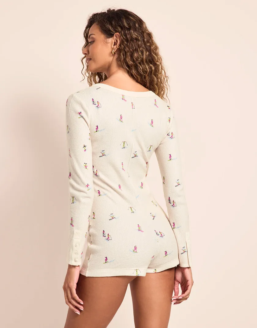 White Novelty Print Waffle Long Sleeve Romper Model 3