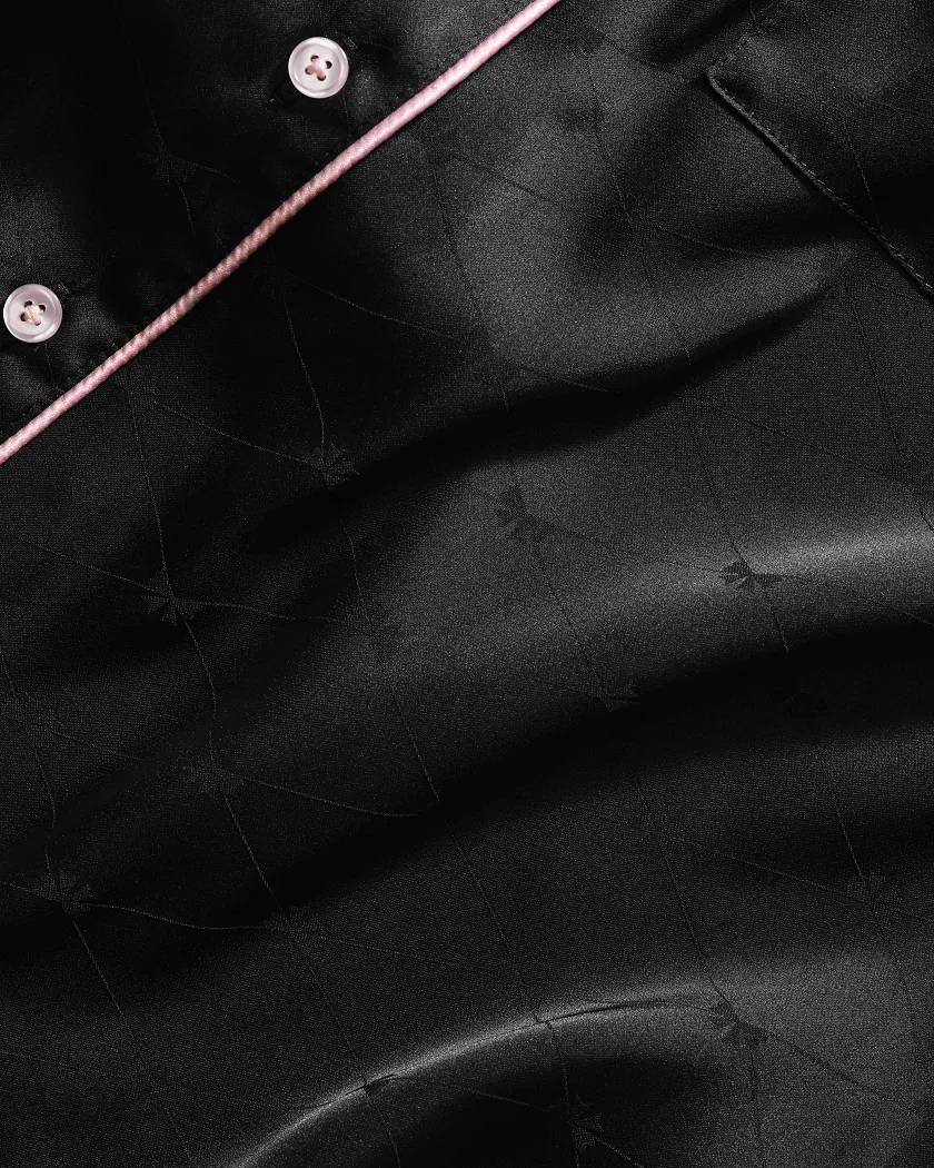 Jet Black Jacquard Ribbon Maison Satin Shirt & Pants PJ Set Model 3