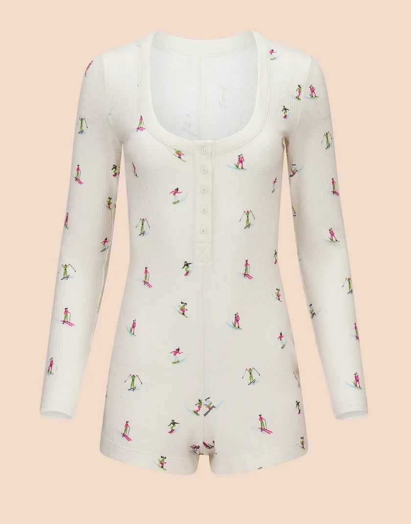 White Novelty Print Waffle Long Sleeve Romper Still 2
