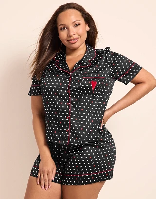 Black Dot Print Maison Satin Shirt & Shorts PJ Set Model 2