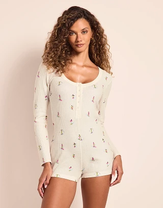 White Novelty Print Waffle Long Sleeve Romper Model 1