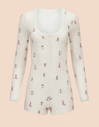 White Novelty Print Waffle Long Sleeve Romper Still 2