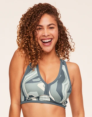 Tori Plunge Sports Bra Geo Gray Lined activewear bundle Model 1