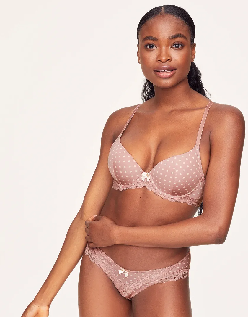 Nude Dot Printed & Lace Trim Lightly Lined Demi Bra Model 2