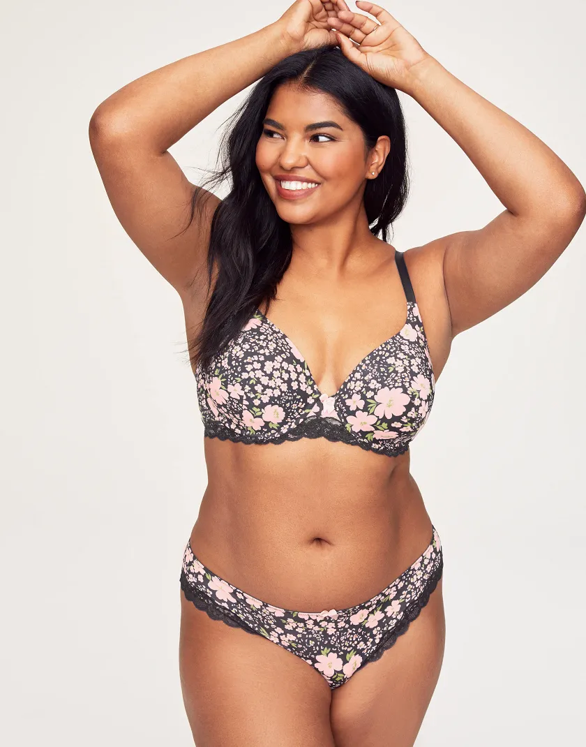 Blue Floral Printed & Lace Trim Lightly Lined Full Coverage Bra Model 2