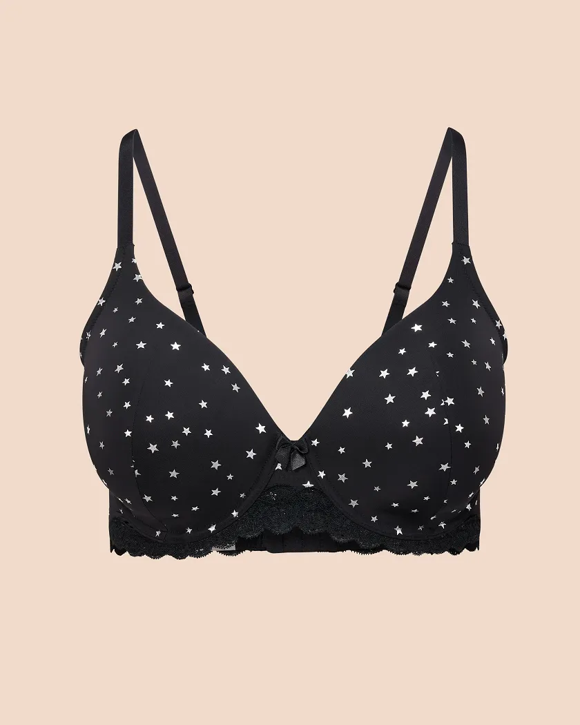 Black Novelty Printed & Lace Trim Lightly Lined Full Coverage Bra Still 3