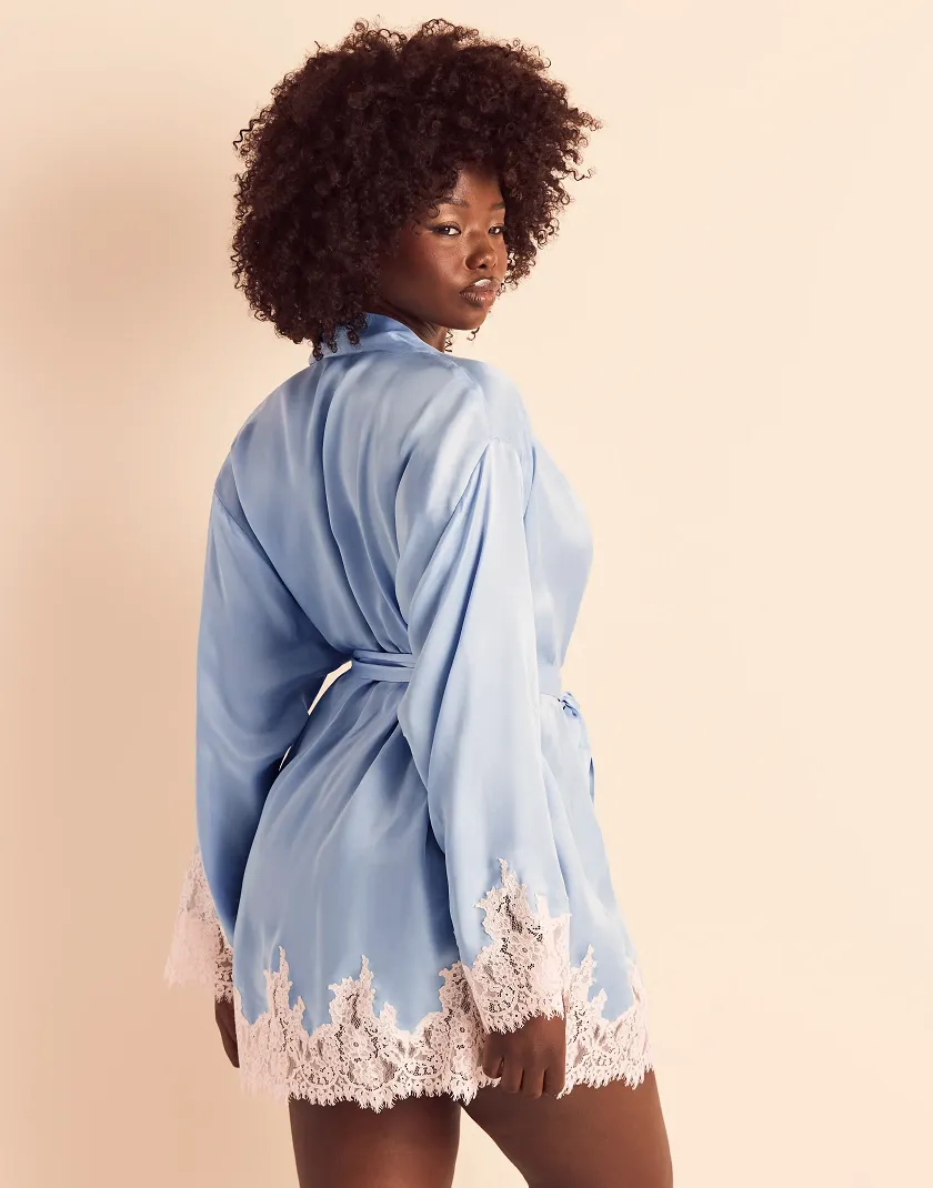 Vegan Silk Robe Medium Blue sleepwear bundle Model 4