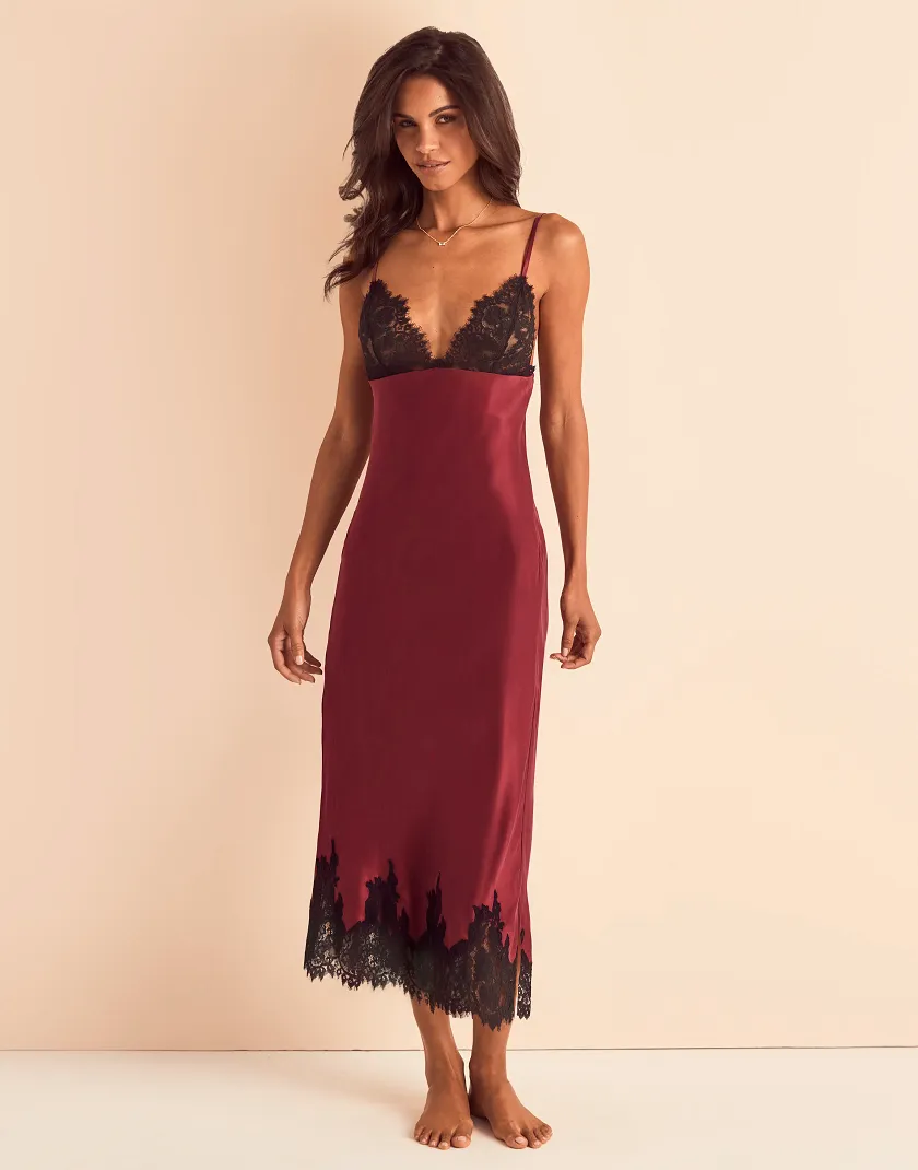 Vegan Silk Gown Dark Red Unlined lingerie bundle Model 2