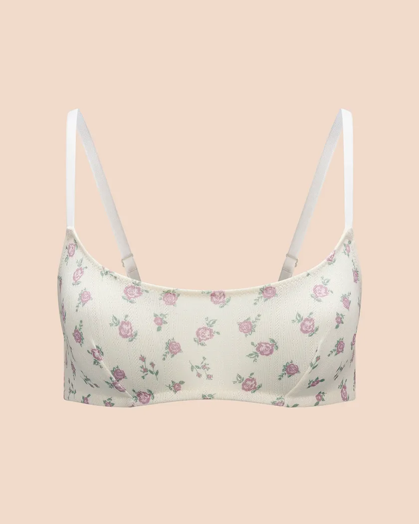 Beige Floral Print Pointelle Scoop Unlined Bra Still 2