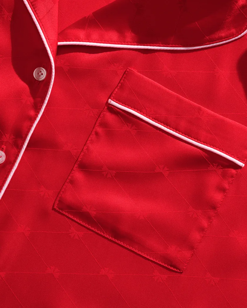 True Red Jacquard Ribbon Maison Satin Shirt & Shorts PJ Set Model 3