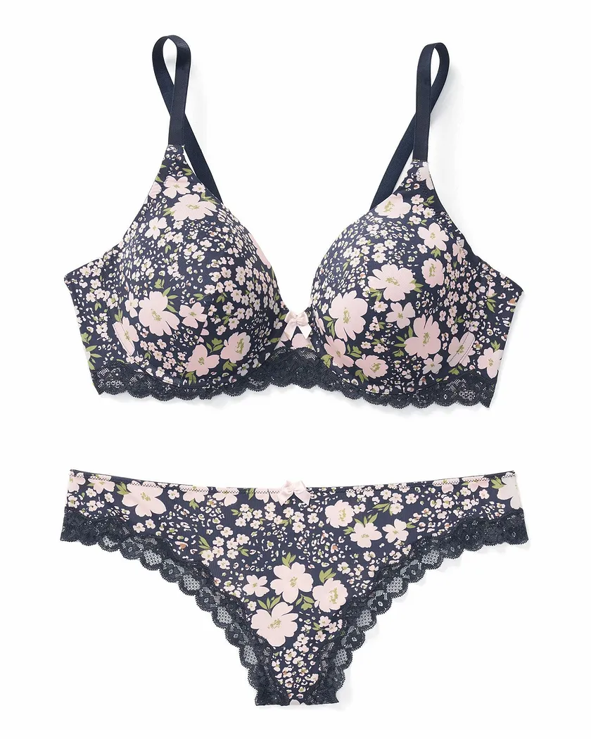 Blue Floral Printed & Lace Trim Lightly Lined Full Coverage Bra Still 2