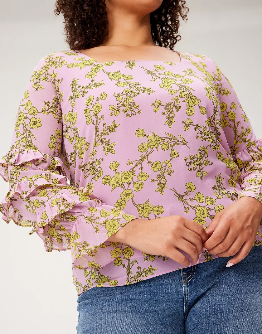 Brianna Top Floral Purple Plus shirts & blouses bundle Model 2